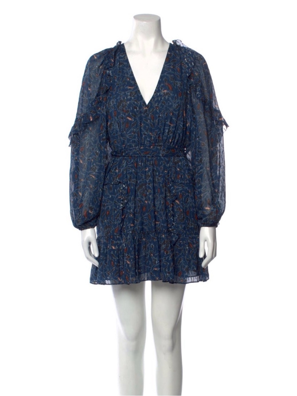 Ulla Johnson Navy Blue Floral V-Neck Mini Dress